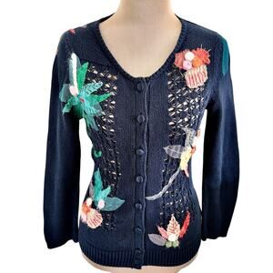 Anthropologie Mona + Mabel Embroidered Crocheted Cotton Cardigan Sweater Cottage